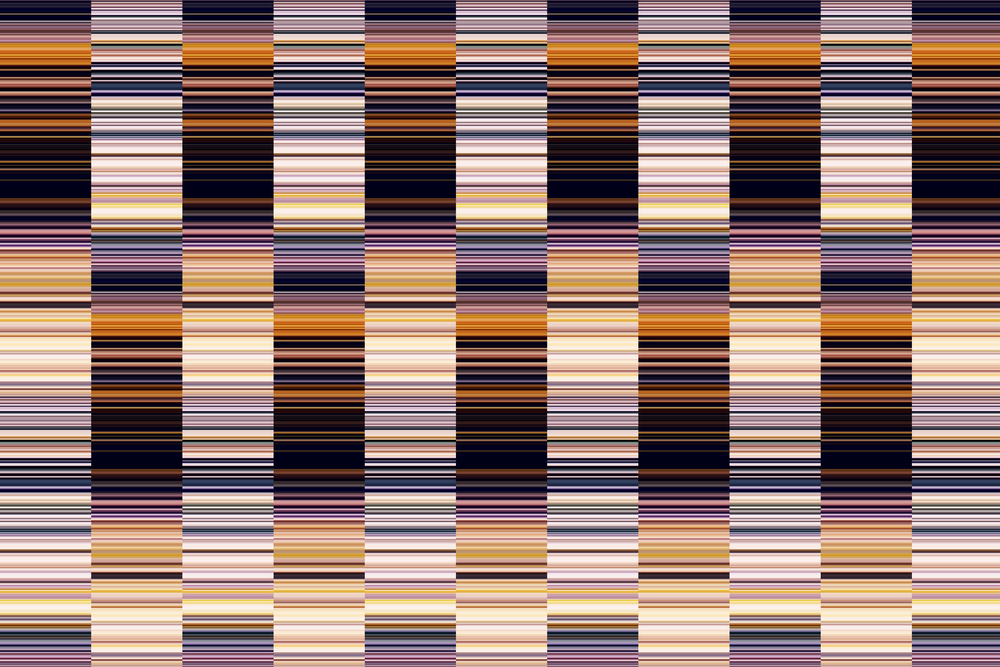 Multicolored geometric abstract of columns with many short stripes, like a large bar code, to illustrate themes of alternation and complexity